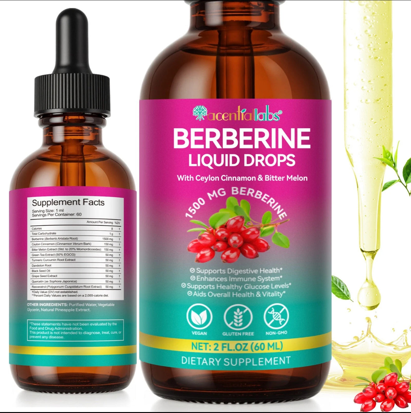 10in1 Berberine with Ceylon Cinnamon Supplement Liquid Drops + Bitter Melon Extract, Turmeric, Black seed Oil , Grape seed oil , Resveratrol – Supports Healthy Blood Sugar & Heart Wellness