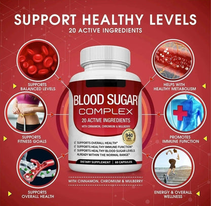 Blood Sugar Complex Supplement – Supports Healthy Glucose Levels with Cinnamon, Chromium & Bitter Melon ，20 Active Ingredients，Non-GMO, 60 Capsules (1pcs)