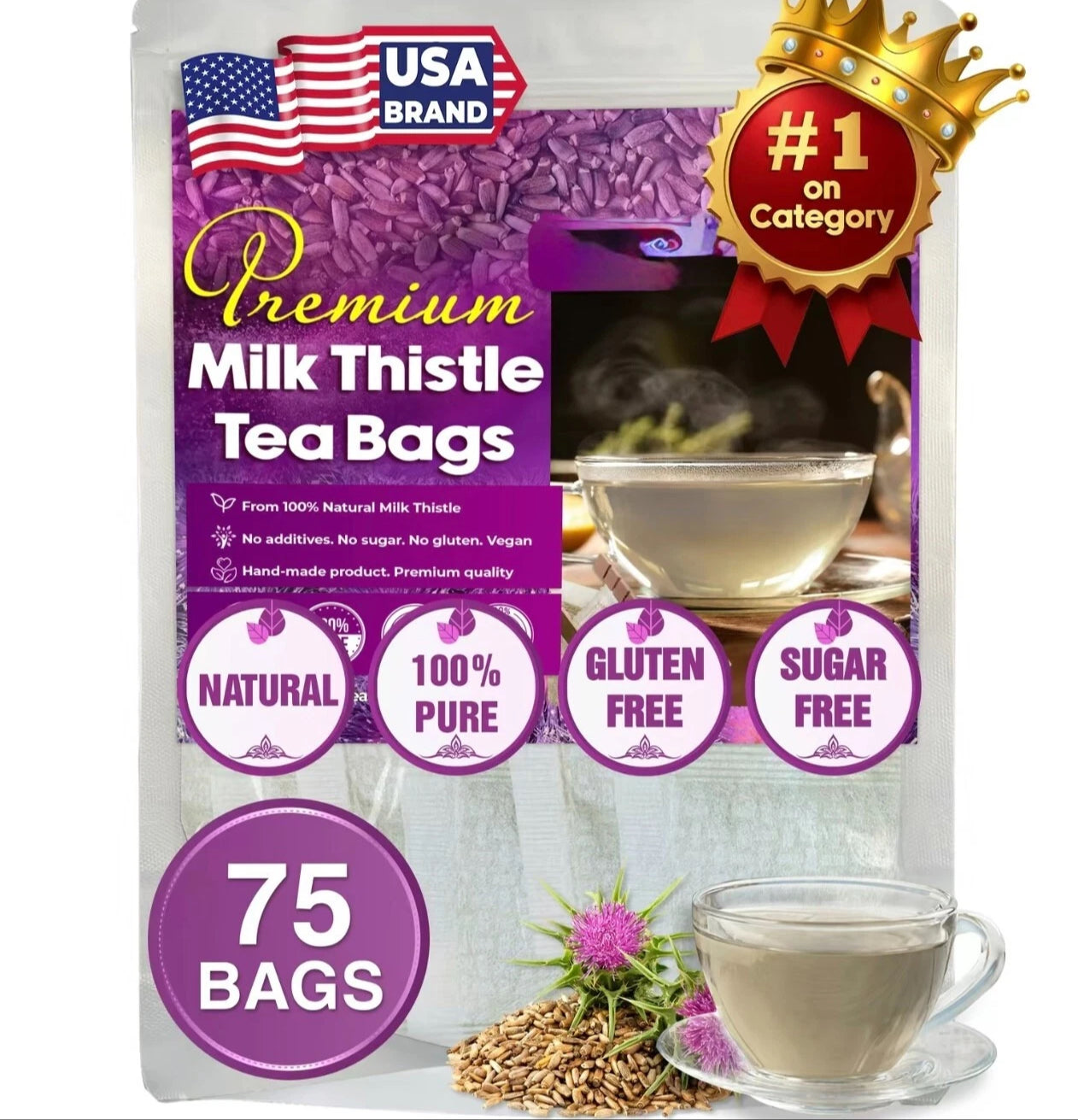 Premium 75 Milk Thistle Tea Bags, 100% Natural & Pure from Milk Thistle Seeds. Milk Thistle Seed Herbal Tea. Made with Natural Material Tea Bags. No Sugar, No Caffeine, No Gluten, Vegan. – Liver Detox & Wellness Herbal Tea