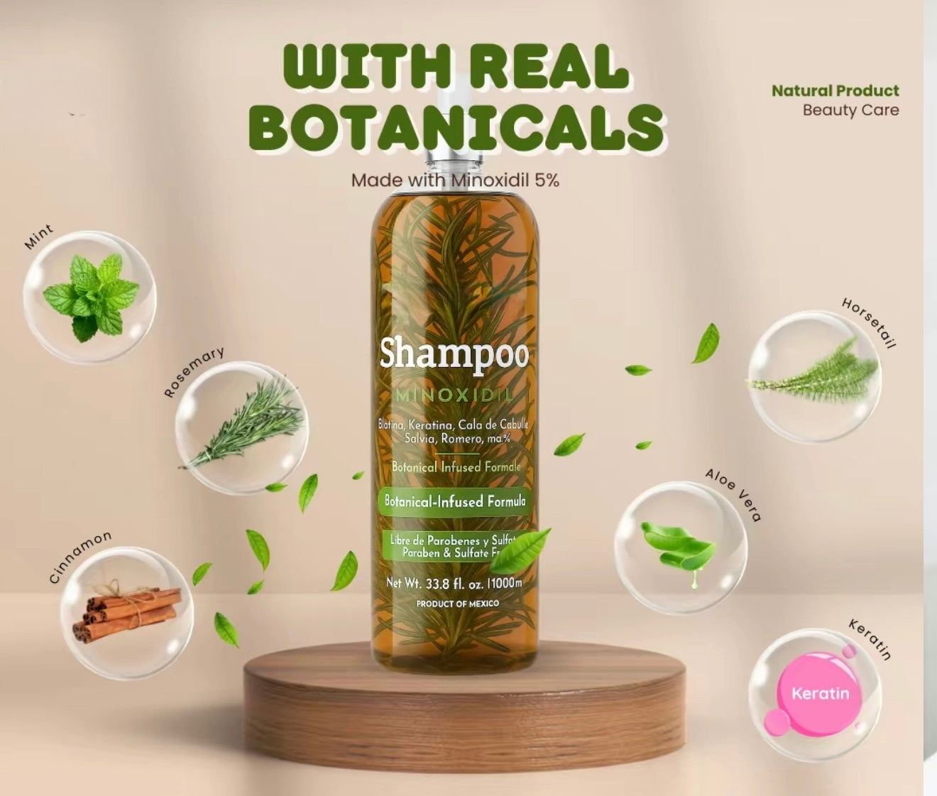 Herbalista 1,000ML Minoxidil 5% shampoo W/ Pcs of Rosemary ,Cinnamon, Aloe, Mint real Botanicals for hair growth , hair loss prevention shampoo