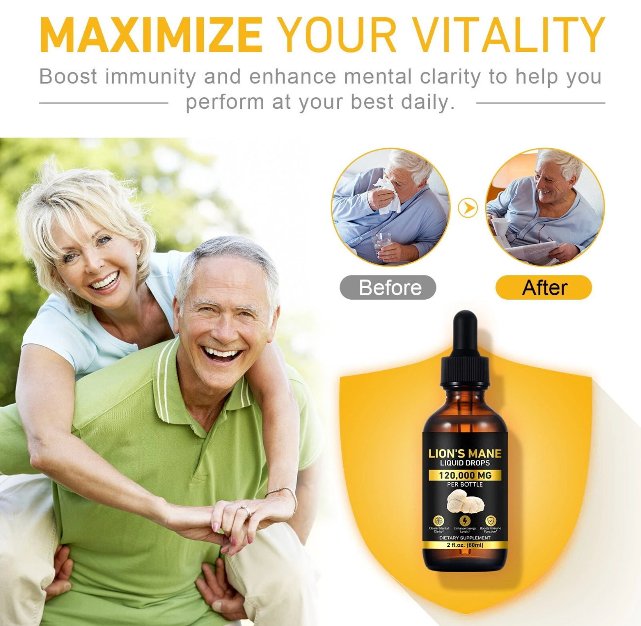 Lions Mane Supplement - Daily Mushroom Supplement for Memory, Focus & Clarity - Brain Booster - Lions Mane Tincture for Immune Support - 60ml