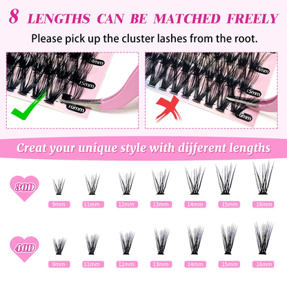 Lash Extension Kit DIY 280pcs Lash Clusters Eyelash Extension Kit, 9-16mm 30D 40D Individual Lashes Kit with Lash Bond and Seal, Lash Tweezers for Self Use (30D&40D, 0.07D, 9-16mm, Kit)