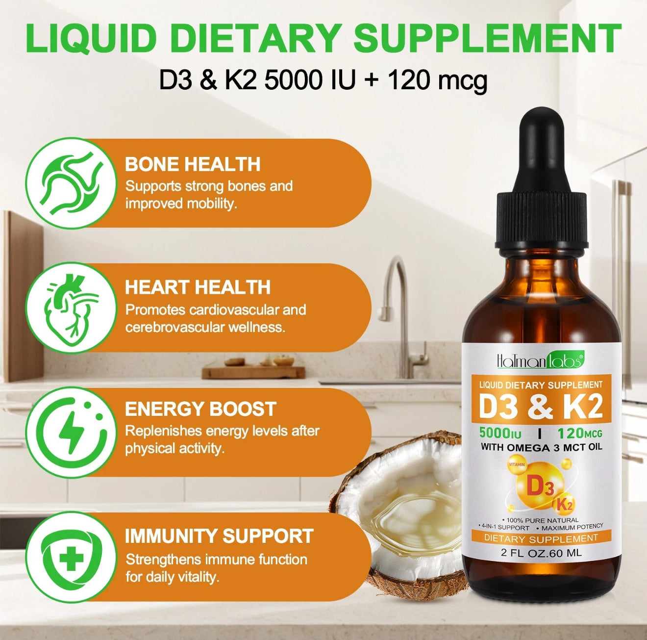 Liquid Vitamin D3 K2 5000 iu & 120 mcg - Vitamin D with MK7 Vitamin K2 Drops - Bone Density & Heart Support Liquid Vitamins for Women & Men.