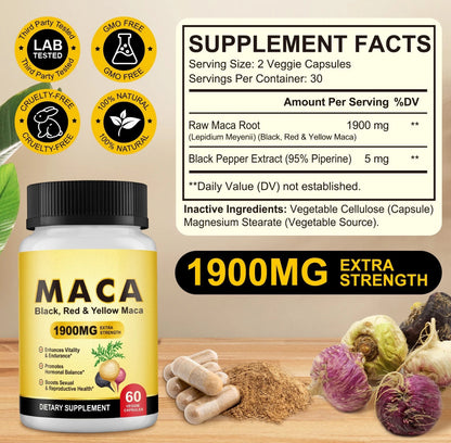 Organic Maca Root Black, Red, Yellow 1900 MG per Serving - 60 .