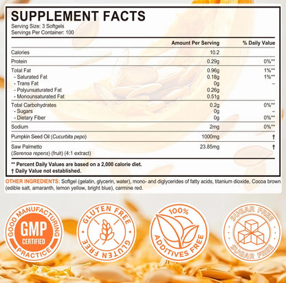 Pumpkin Seed Oil with Saw Palmetto,300 Softgels | Cold Pressed, Pure Virgin Oil, Essential Fatty Acids & Phytosterols | Supports Hair, Urinary, Bladder & Prostate Health | Non-GMO