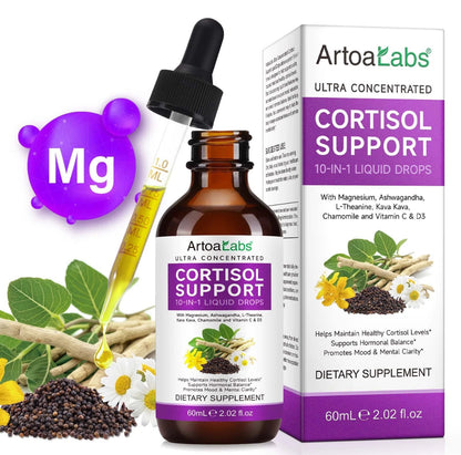 10 in 1 Cortisol Supplements for Women & Men, Hormone Balance with Ashwagandha, L-Theanine, Magnesium, Cortisol Reducer Drops - Sleep & Mood Support, 2 Fl Oz,
