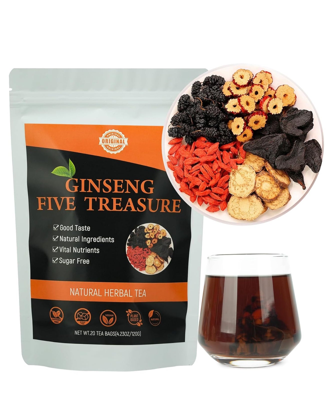 Natural Ginseng Five Treasure Tea, 20 Teabags Ginseng Red Dates Black Goji Berries Herbal Tea, 8 Ingredients Organic Wolfberry Teas Wubao Teabag