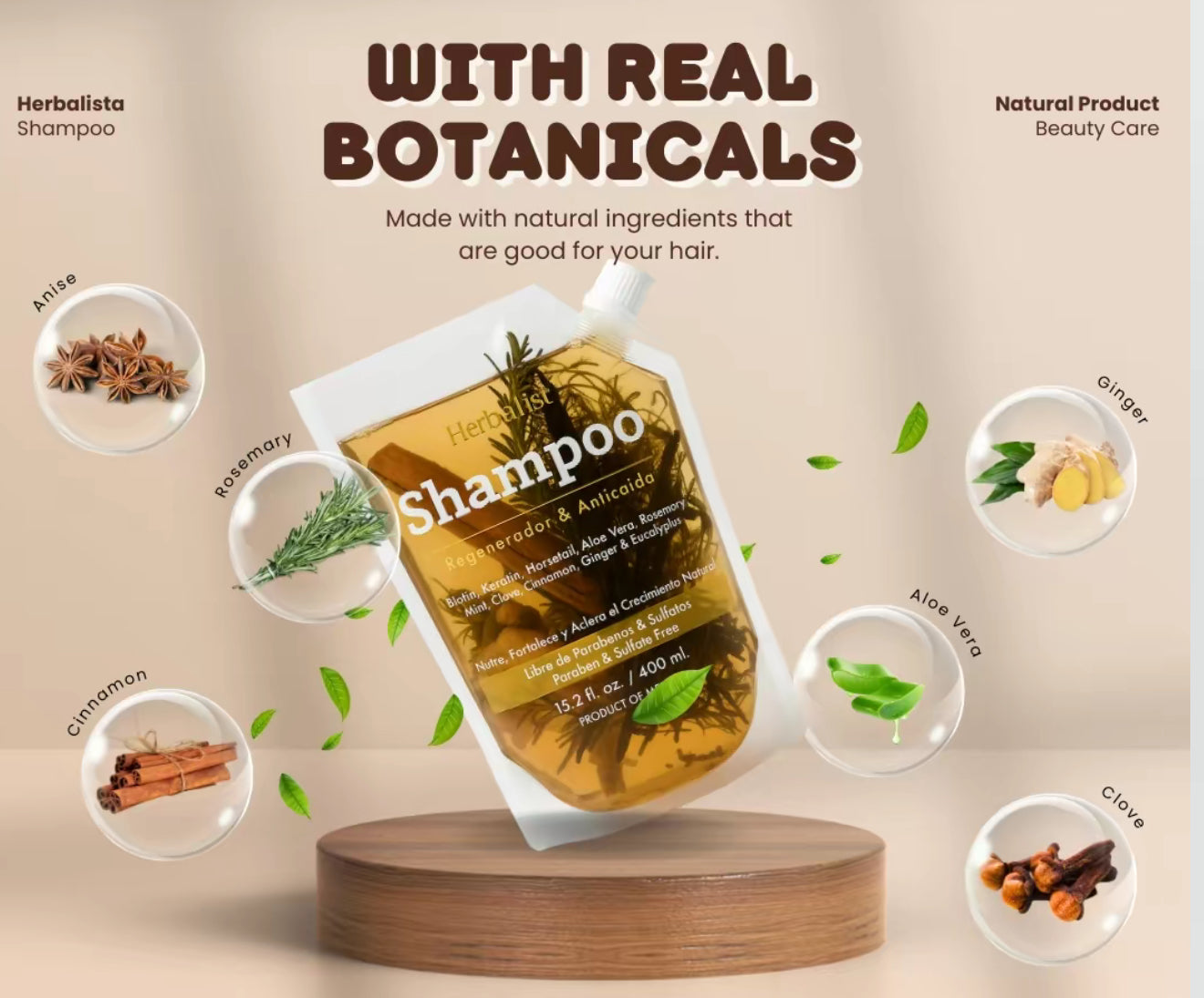 Herbalista Herbal Shampoo 400 W/ Real Pcs of Rosemary, Cinnamon, Anise, Cloves