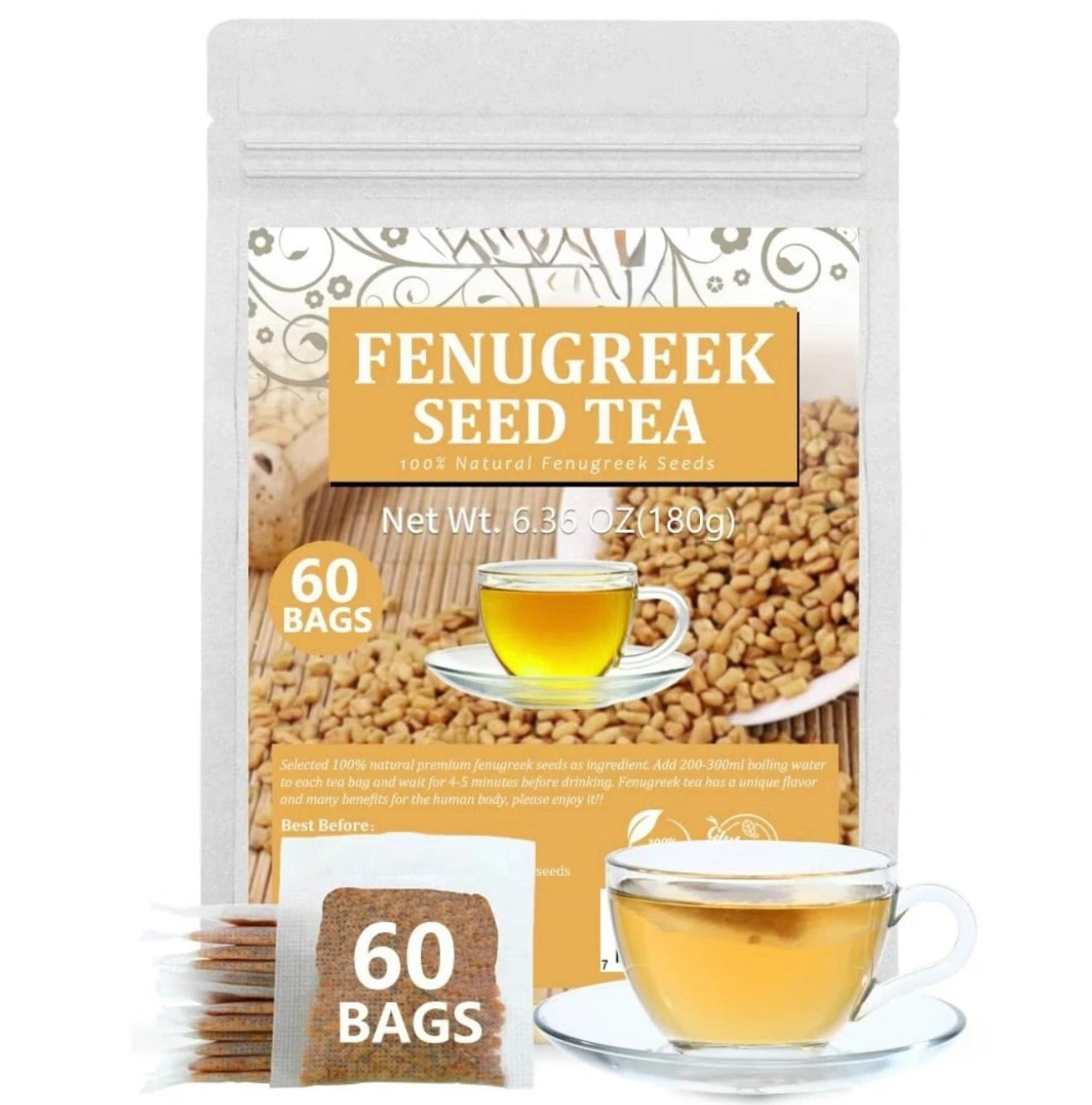 Premium 60 Fenugreek Tea Bags, Made with 100% Natural Fenugreek Methi Fenogreco Seeds, No Additives & Caffeine Free. – Premium Quality