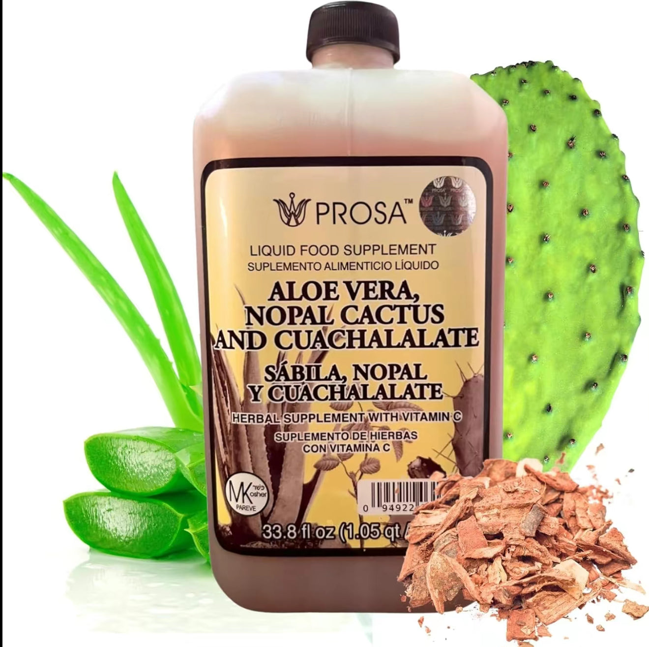 PROSA Aloe Vera, Nopal Cactus, and Cuachalalate Herbal Supplement – 33.8 fl oz (1.05 qt / 1L) – with Vitamin C for Digestive & Immune Support