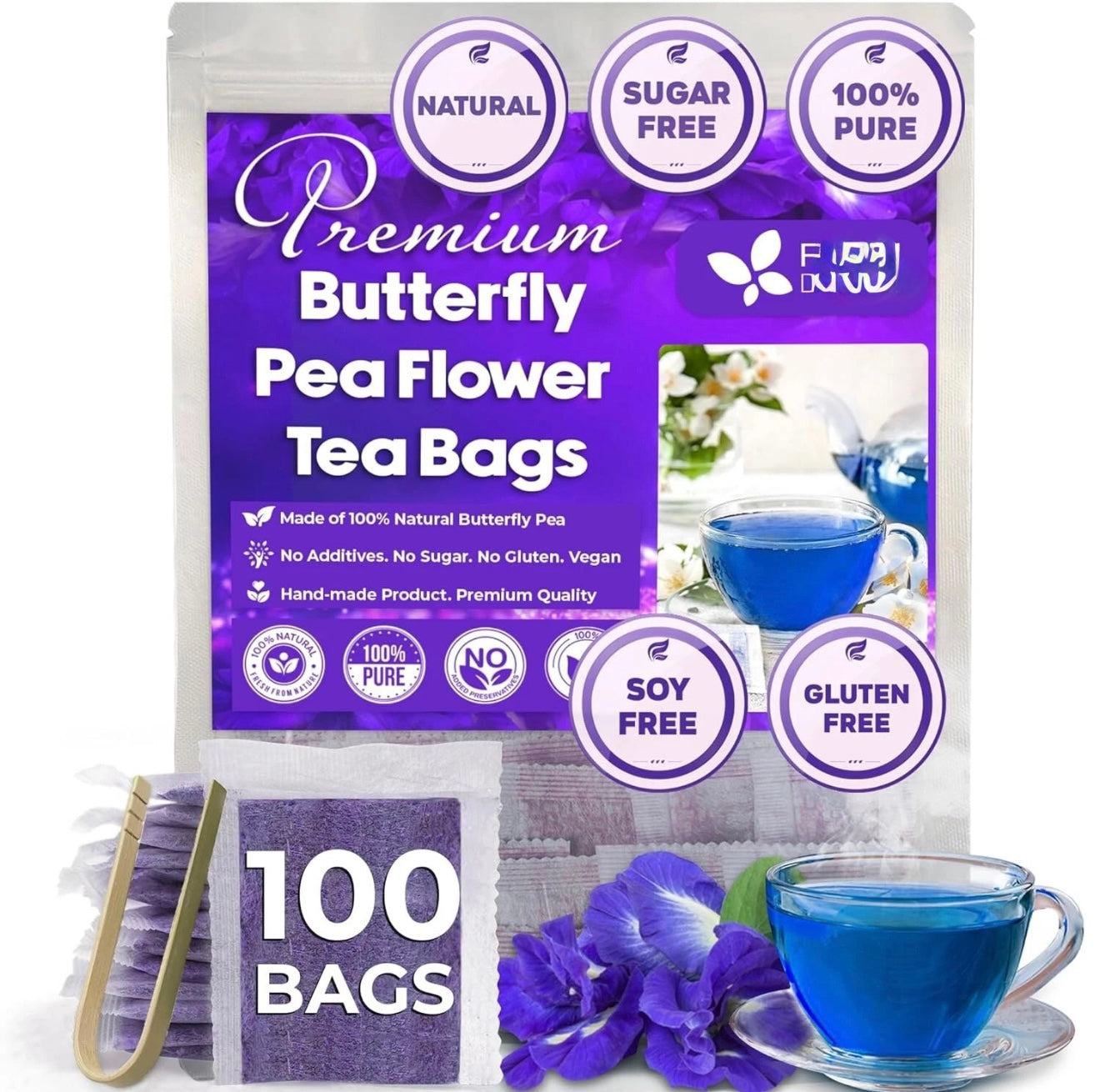 Premium 100 Blue Butterfly Pea Flowers Tea Bags, 100% Natural and Pure from Butterfly Pea Flowers.