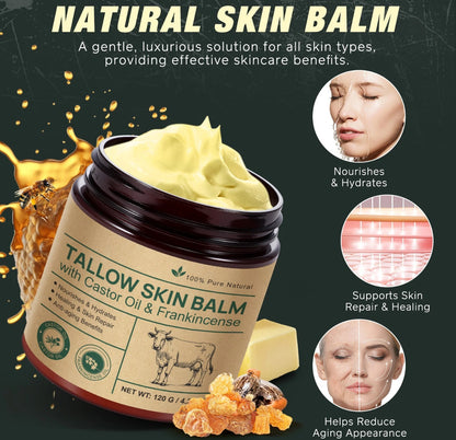 Frankincense & Castor Oil Beef Tallow Grass Fed & Finished Organic Moisturizer for Skin Hydrating & Nourishing for Cracked, Dry Skin Age Defying
