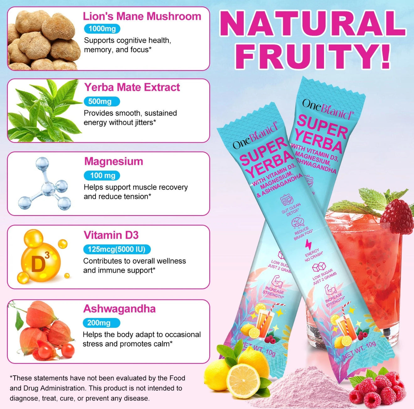 Super Yerba Mate Instant Powder, Yerba Mate with Lions Mane, Ashwagandha, Magbesium for Man & Women | Clean Energy & Focus Boost | Gut Support, Antioxidants | Raspberry Lemonade Flavor - 30 Servings