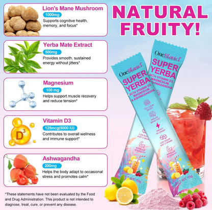 Super Yerba Mate Instant Powder, Yerba Mate with Lions Mane, Ashwagandha, Magbesium for Man & Women | Clean Energy & Focus Boost | Gut Support, Antioxidants | Raspberry Lemonade Flavor - 30 Servings