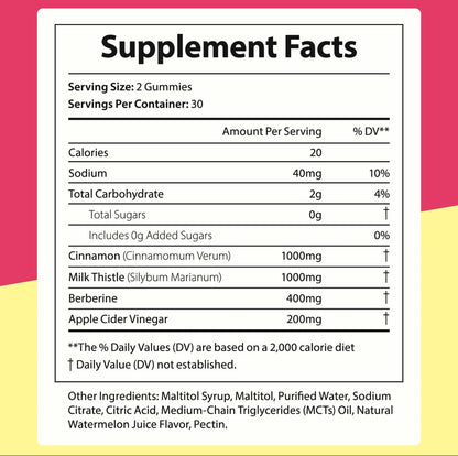 Berberine Comples Gummies with Ceylon Cinnamon, Milk Thistle, ACV, Sugar Free Berberine Supplement for Metabolism, Energy, Gut Health, Vegan, Gluten-Free Watermelon Flavor – Supports Healthy Blood Sugar & Heart Wellness