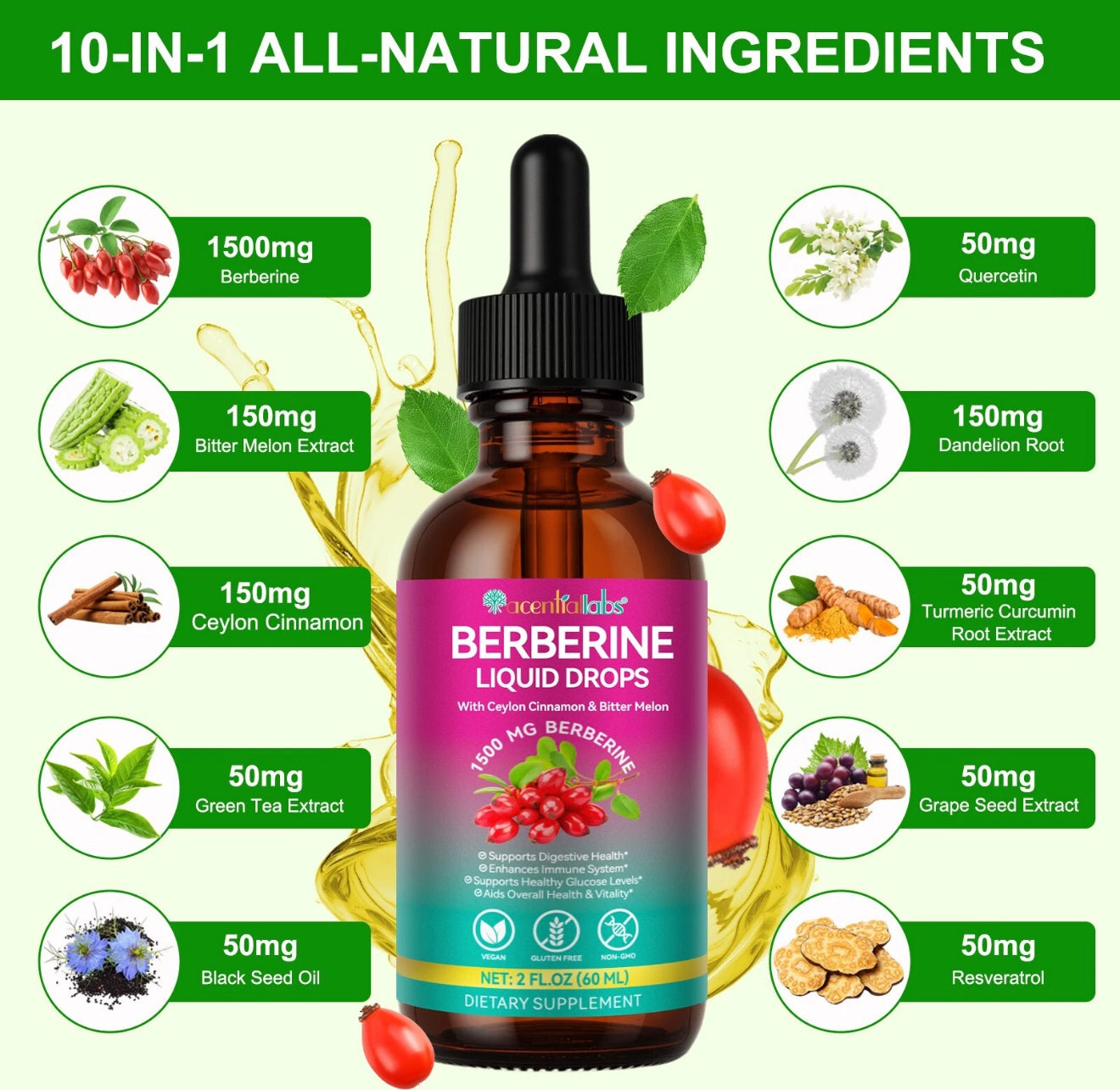 10in1 Berberine with Ceylon Cinnamon Supplement Liquid Drops + Bitter Melon Extract, Turmeric, Black seed Oil , Grape seed oil , Resveratrol – Supports Healthy Blood Sugar & Heart Wellness