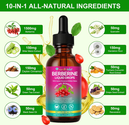 10in1 Berberine with Ceylon Cinnamon Supplement Liquid Drops + Bitter Melon Extract, Turmeric, Black seed Oil , Grape seed oil , Resveratrol – Supports Healthy Blood Sugar & Heart Wellness