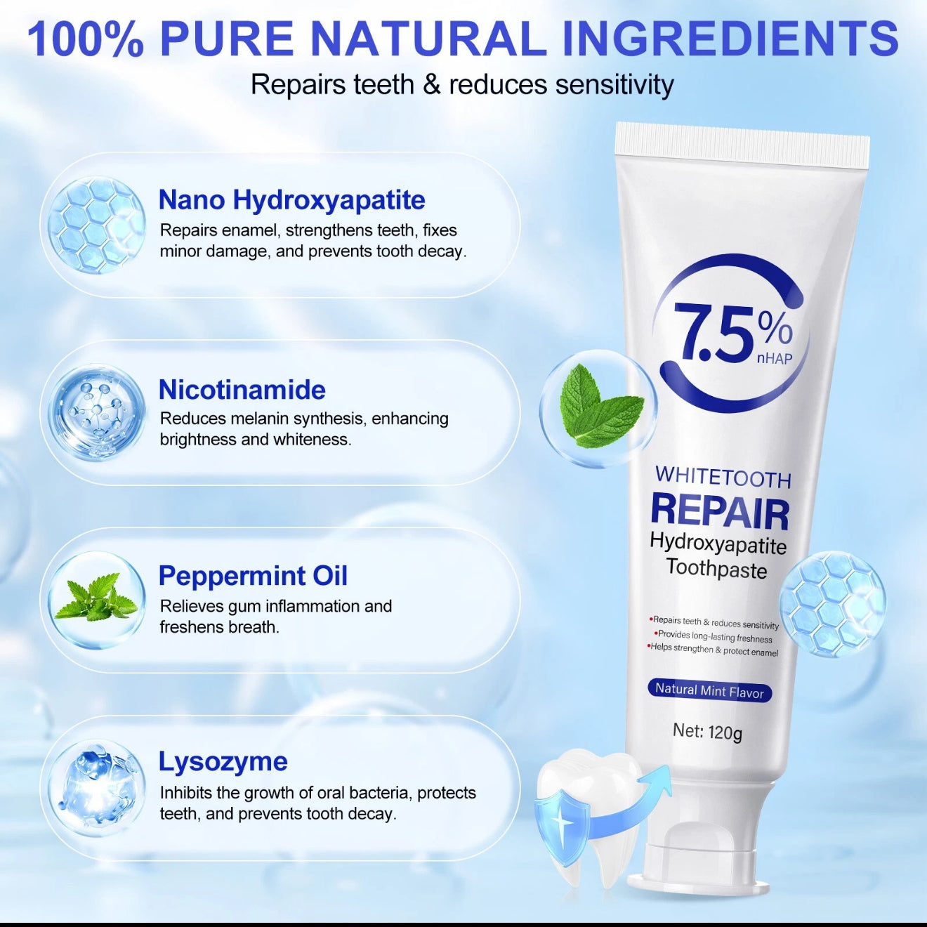 Set 2-Pack Hydroxyapatite Toothpastes for Enamel Protection and Tooth Strengthening, Gentle Mint, Fresh Breath, Daily Use for Oral Health