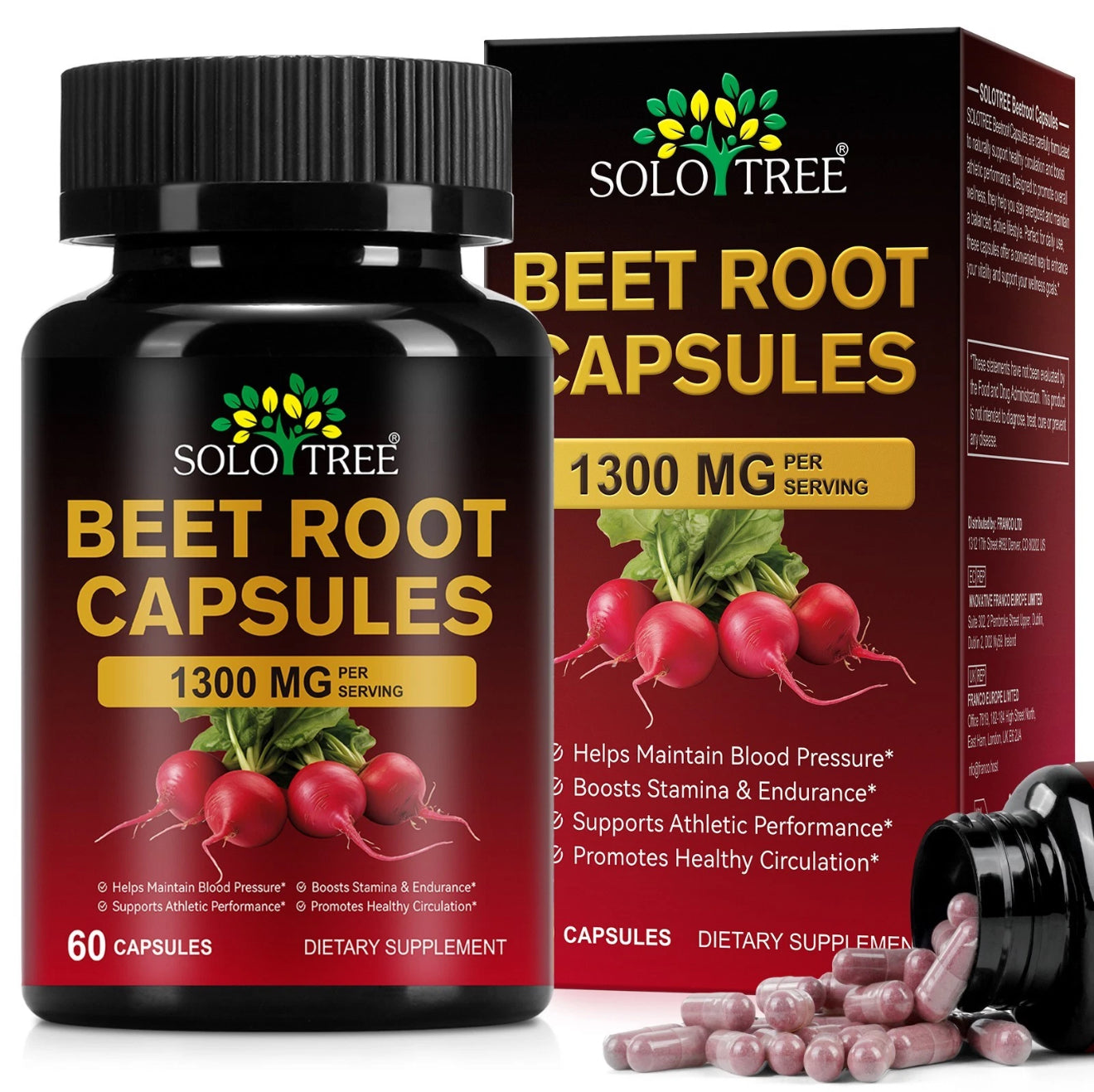 Beet Root Capsules 1300mg - Beetroot Supplement for Healthy Circulation, Energy & Endurance - Non-GMO, Vegan, Beet Extract - 60 Capsules