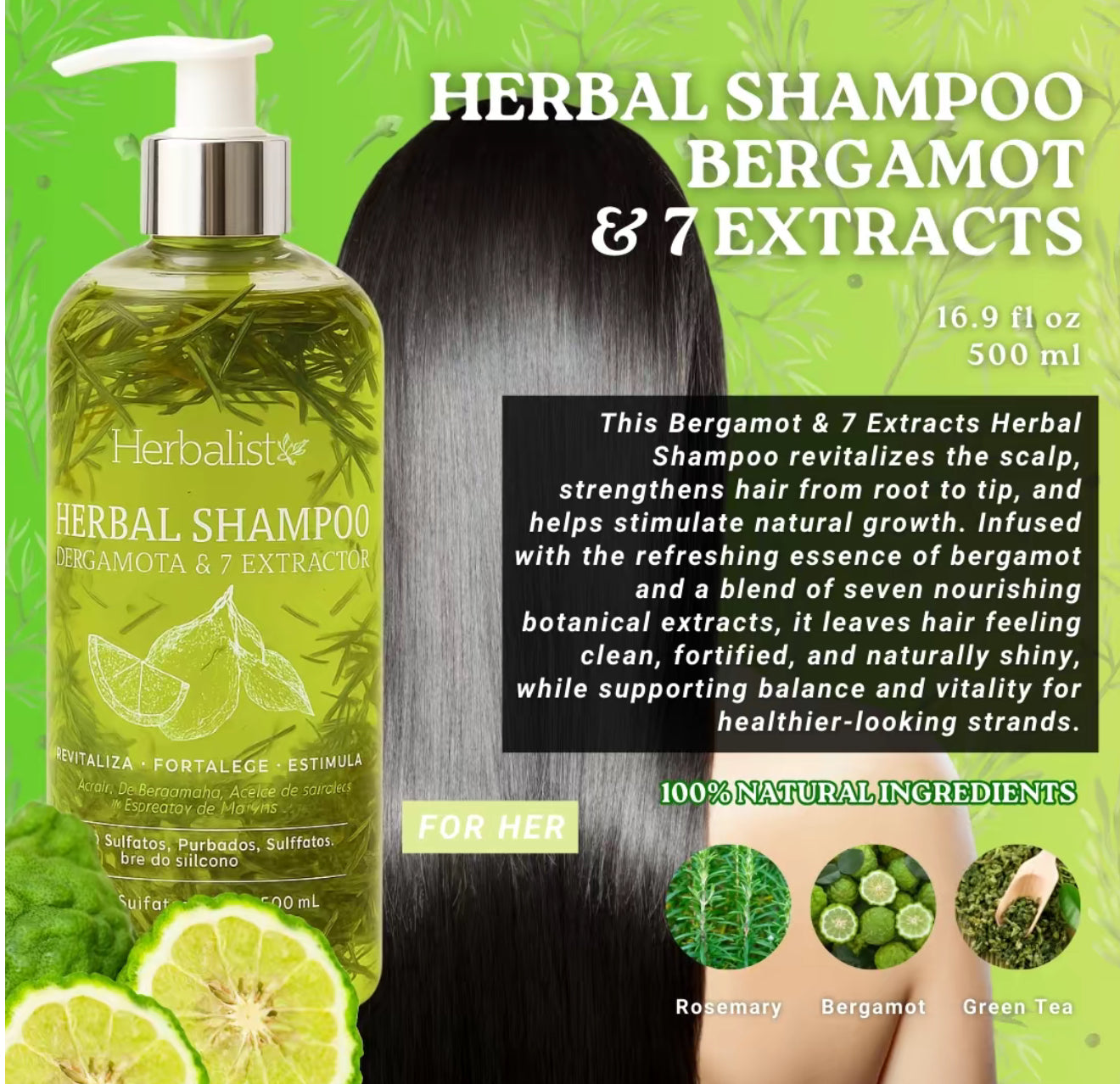 Bergamot Herbal Shampoo & Conditioner set  1000ml (33 fl oz) – With 7 Extracts: Rosemary, Ginger, Anise, Green Tea, Horsetail & Cinnamon – hair growth shampoo  , active root follicles