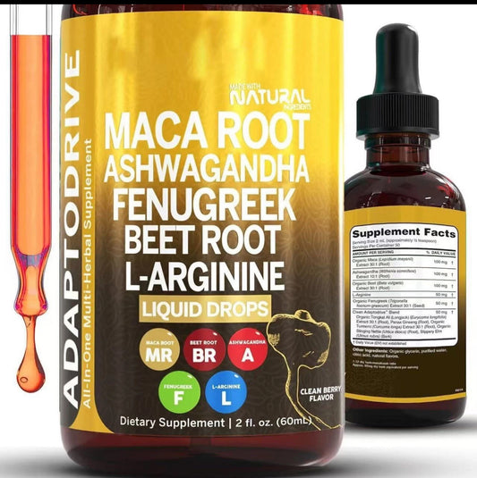Organic Maca Root Liquid Drops with Ashwagandha, Fenugreek, Beet Root and L-Arginine Liquid Multivitamin for Women and Men - Adapto Drive