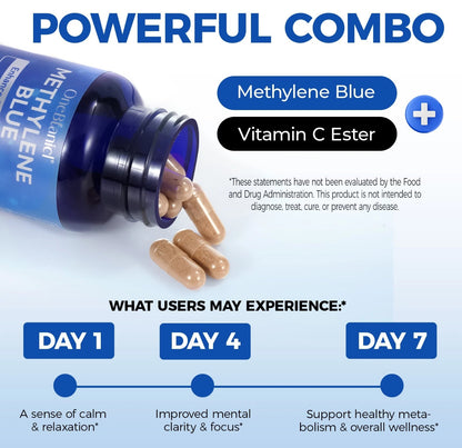 Methlyne Blue Pharmaceutical Grade, Capsule Form, Methylene Blue Capsules for Humans with Added Vitamin C Ester for Enhanced Absorption, USP Grade 99% Purity - Boosts Memory, Focus, Clarity, Energy