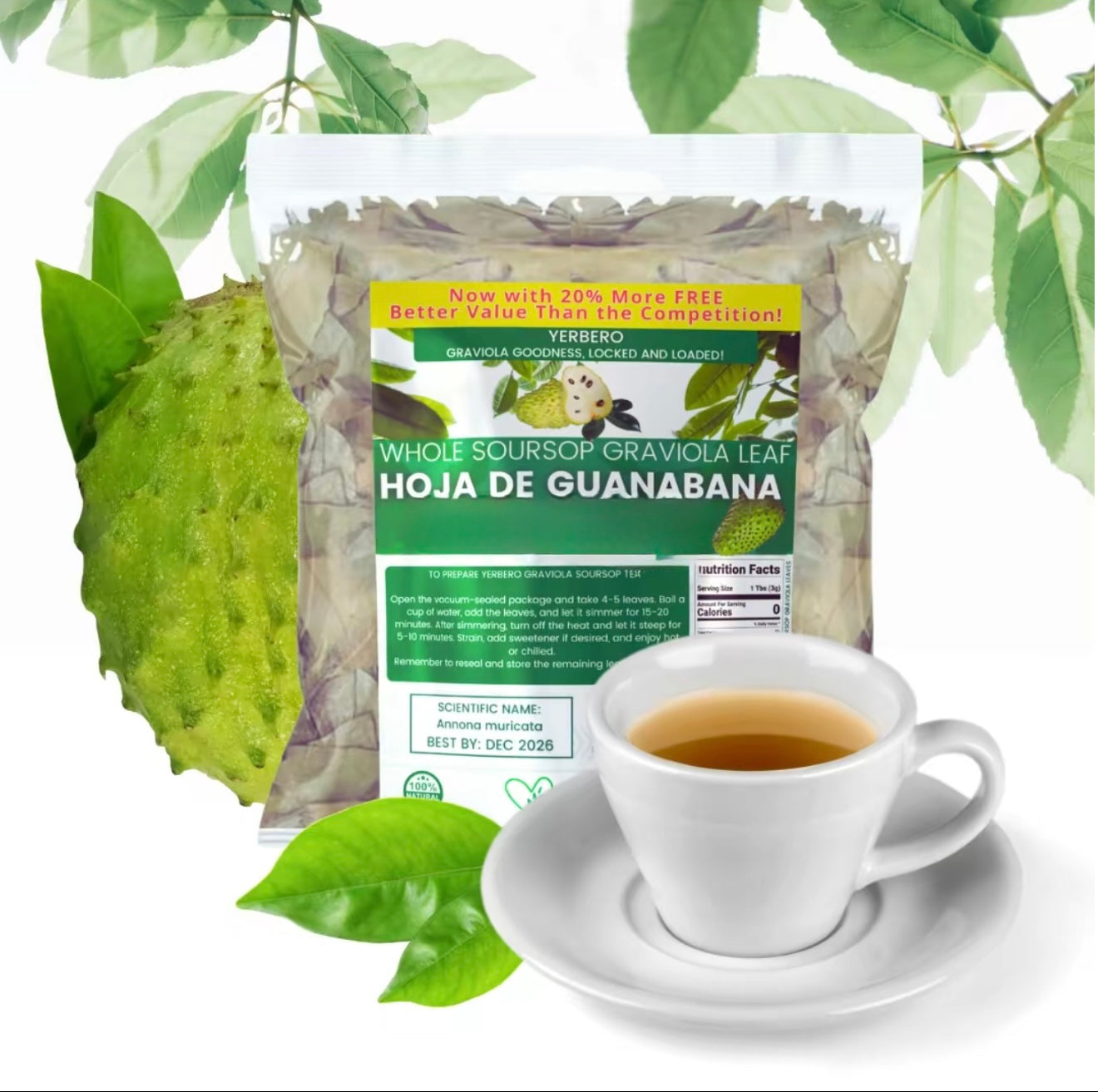 Herbal Tea Bundle - Graviola Soursop Guanabana Leaf + Guava Leaf  - Premium Whole Sun Dried  Leaves - Calidad Premium, 100% All Natural Delicious Fresh Tea | From Mexico | Premium Wildcrafted.