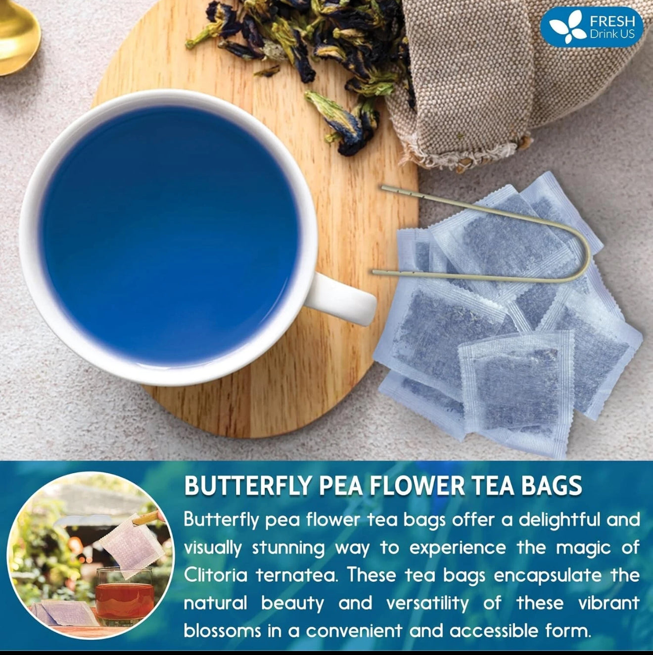 Premium 100 Blue Butterfly Pea Flowers Tea Bags, 100% Natural and Pure from Butterfly Pea Flowers.
