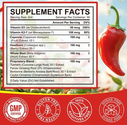 Organic Cayenne Pepper Liquid Drops with Hawthorn Berry, Beetroot & Turmeric – Immune & Circulation Support, Vitamin K2 D3 Supplement for Vascular Health, Gluten Free, 2 Fl Oz