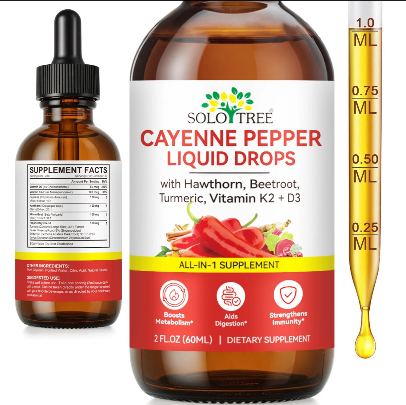 Organic Cayenne Pepper Liquid Drops with Hawthorn Berry, Beetroot & Turmeric – Immune & Circulation Support, Vitamin K2 D3 Supplement for Vascular Health, Gluten Free, 2 Fl Oz