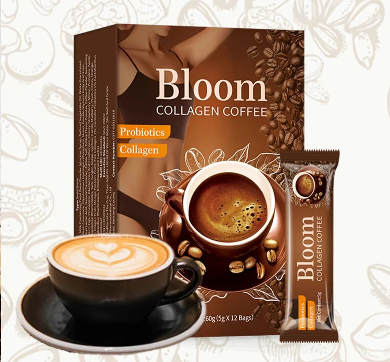 Bloom Collagen Coffee, Organic Coffee Powder 1% Collagen, Instant Coffee for Women and Men (5g*12) – Premium Quality