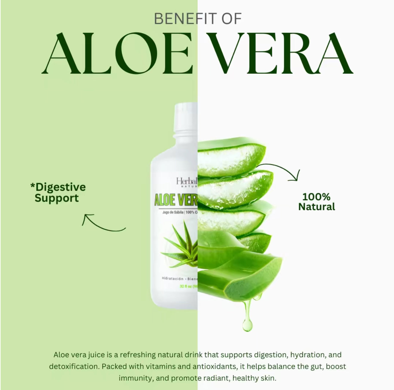 Aloe Vera Juice - 32 fl oz - Unflavored and Gluten Free Drink 100% concentrated Jugo de Sabila - Made in USA