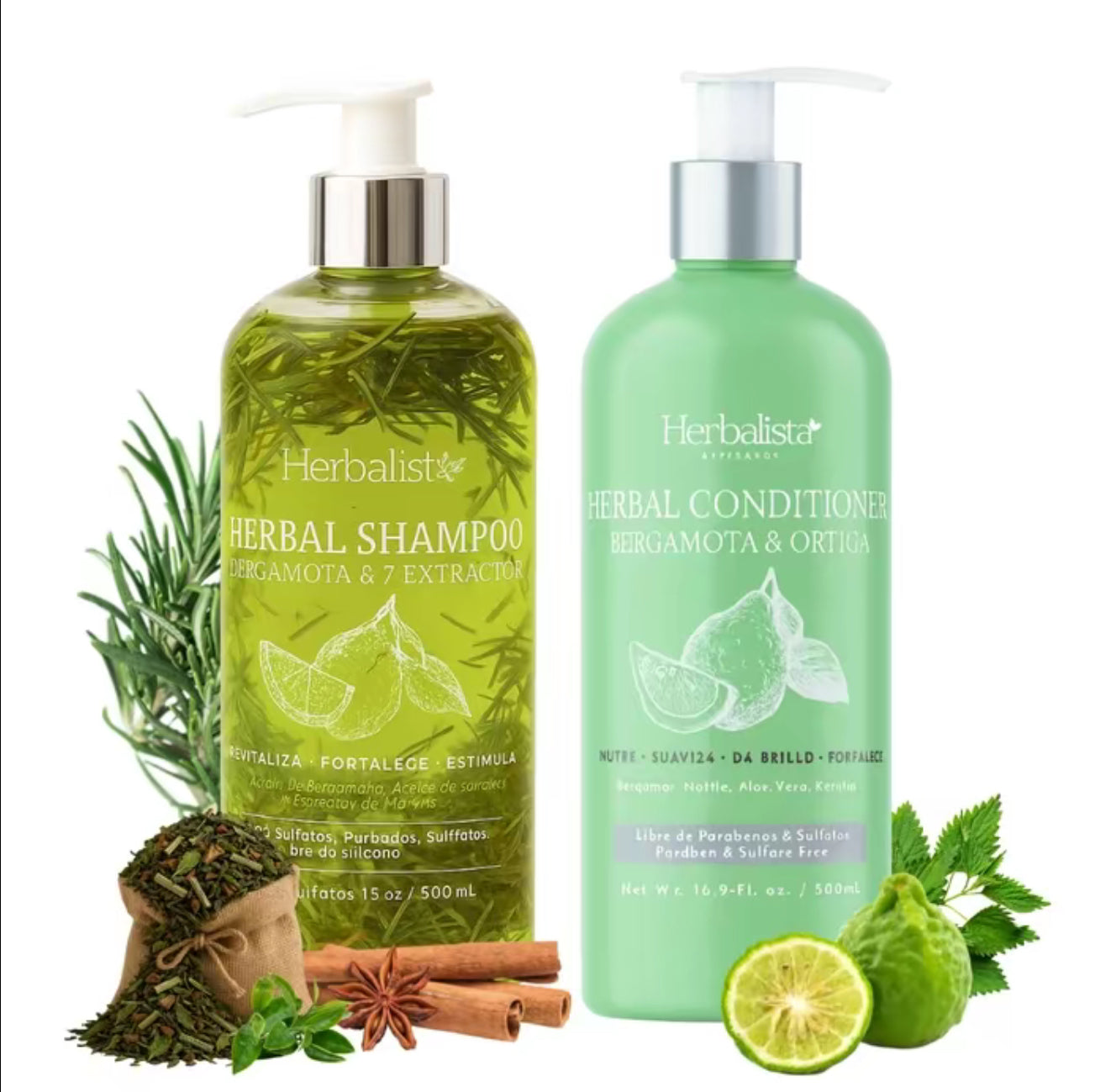 Bergamot Herbal Shampoo & Conditioner set  1000ml (33 fl oz) – With 7 Extracts: Rosemary, Ginger, Anise, Green Tea, Horsetail & Cinnamon – hair growth shampoo  , active root follicles