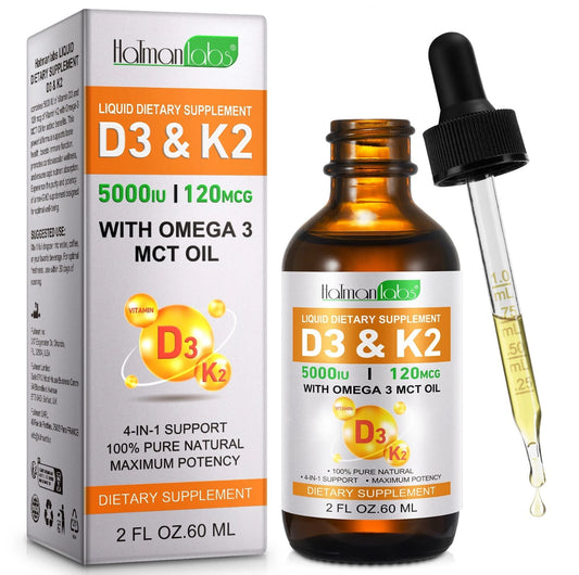 Liquid Vitamin D3 K2 5000 iu & 120 mcg - Vitamin D with MK7 Vitamin K2 Drops - Bone Density & Heart Support Liquid Vitamins for Women & Men.