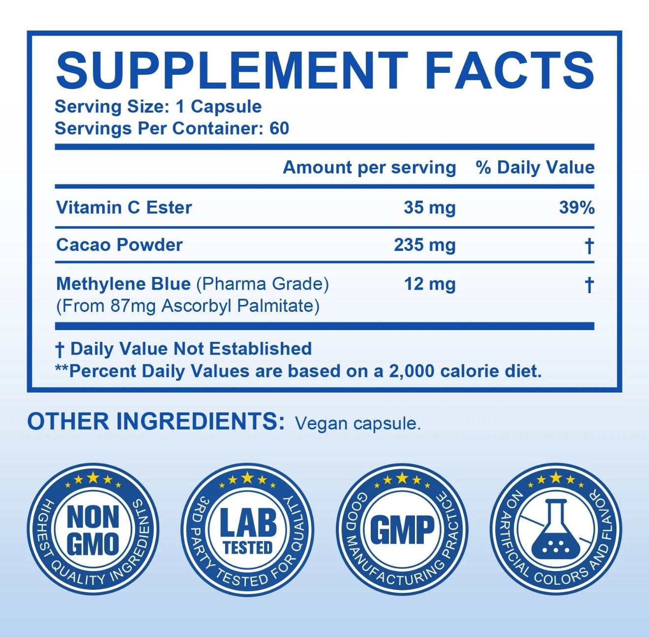 Methlyne Blue Pharmaceutical Grade, Capsule Form, Methylene Blue Capsules for Humans with Added Vitamin C Ester for Enhanced Absorption, USP Grade 99% Purity - Boosts Memory, Focus, Clarity, Energy