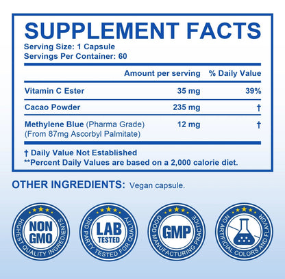 Methlyne Blue Pharmaceutical Grade, Capsule Form, Methylene Blue Capsules for Humans with Added Vitamin C Ester for Enhanced Absorption, USP Grade 99% Purity - Boosts Memory, Focus, Clarity, Energy