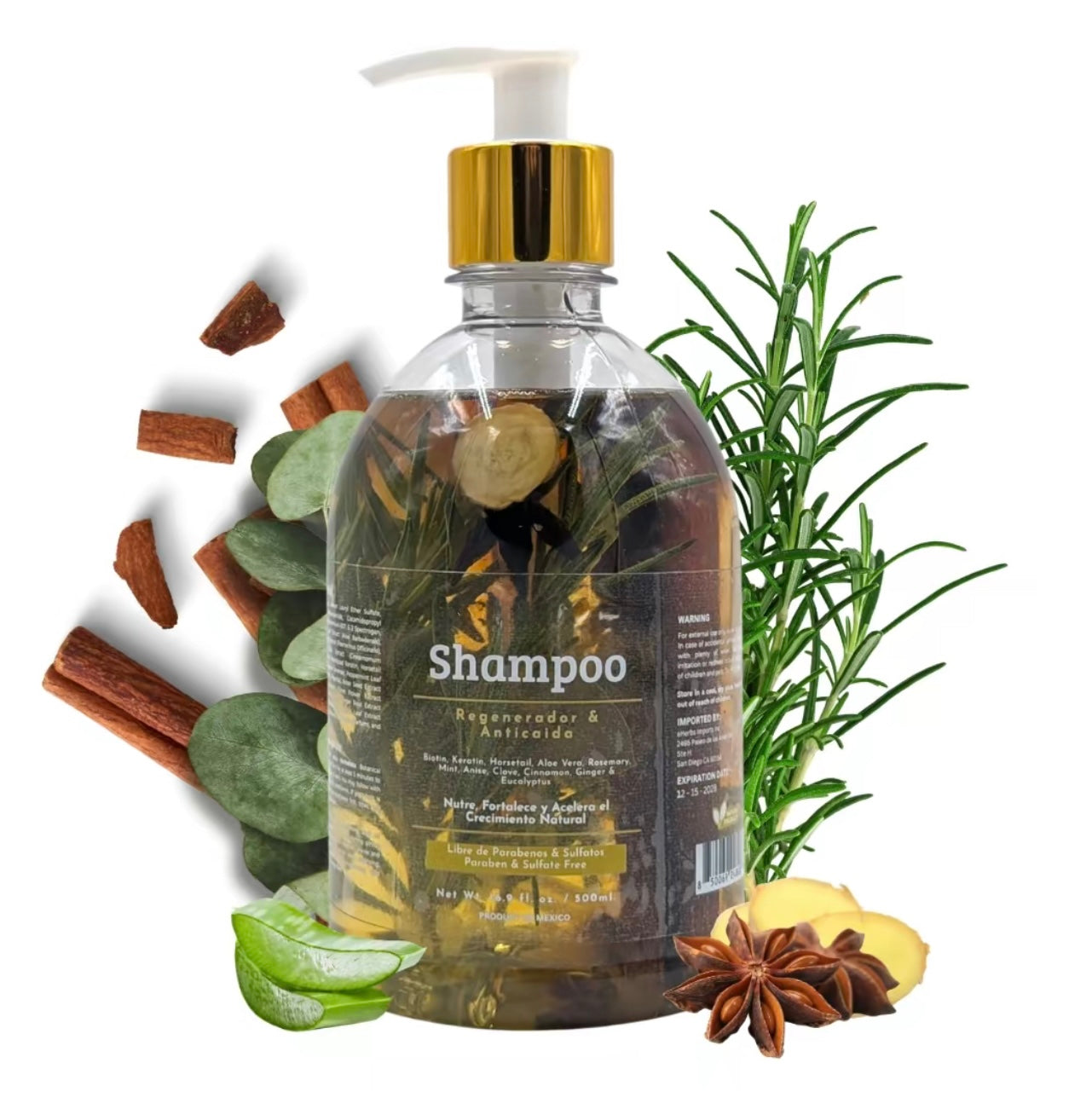 Herbalista Viral New Herbal Shampoo 500ml (16.9 fl oz) - With Real Pieces of Rosemary, Cinnamon, Anise, Clove, Aloe, Ginger, & Eucalyptus - Fortalece, Regenera, Acelera Crecimiento