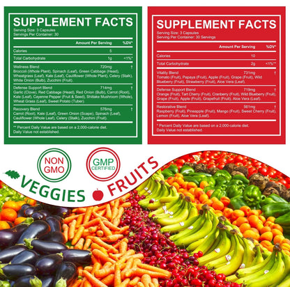 Fruits and Veggies Supplement - 90 Fruit and 90 Vegetable Capsules - 100% Whole Natural Superfood - Filled with Vitamins and Minerals .