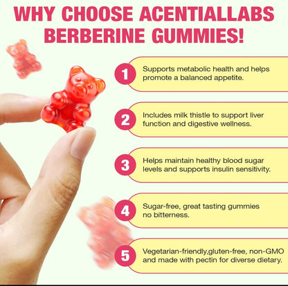 Berberine Comples Gummies with Ceylon Cinnamon, Milk Thistle, ACV, Sugar Free Berberine Supplement for Metabolism, Energy, Gut Health, Vegan, Gluten-Free Watermelon Flavor – Supports Healthy Blood Sugar & Heart Wellness