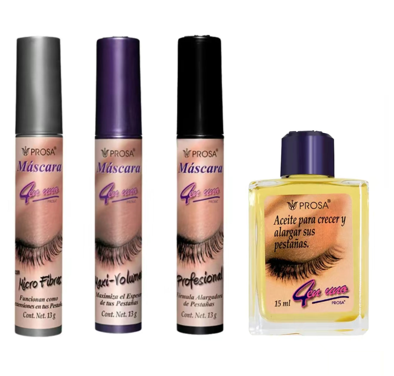 Prosa Mascara + Oil Set of 4 Piece Bundle Set - Waterproof Makeup - Alargadora + Volumen + Efecto Extensiones + Aceite Pestanas