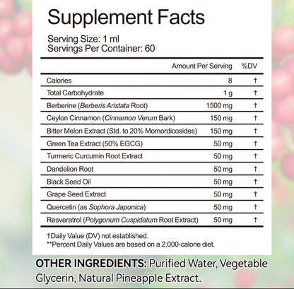 10in1 Berberine with Ceylon Cinnamon Supplement Liquid Drops + Bitter Melon Extract, Turmeric, Black seed Oil , Grape seed oil , Resveratrol – Supports Healthy Blood Sugar & Heart Wellness