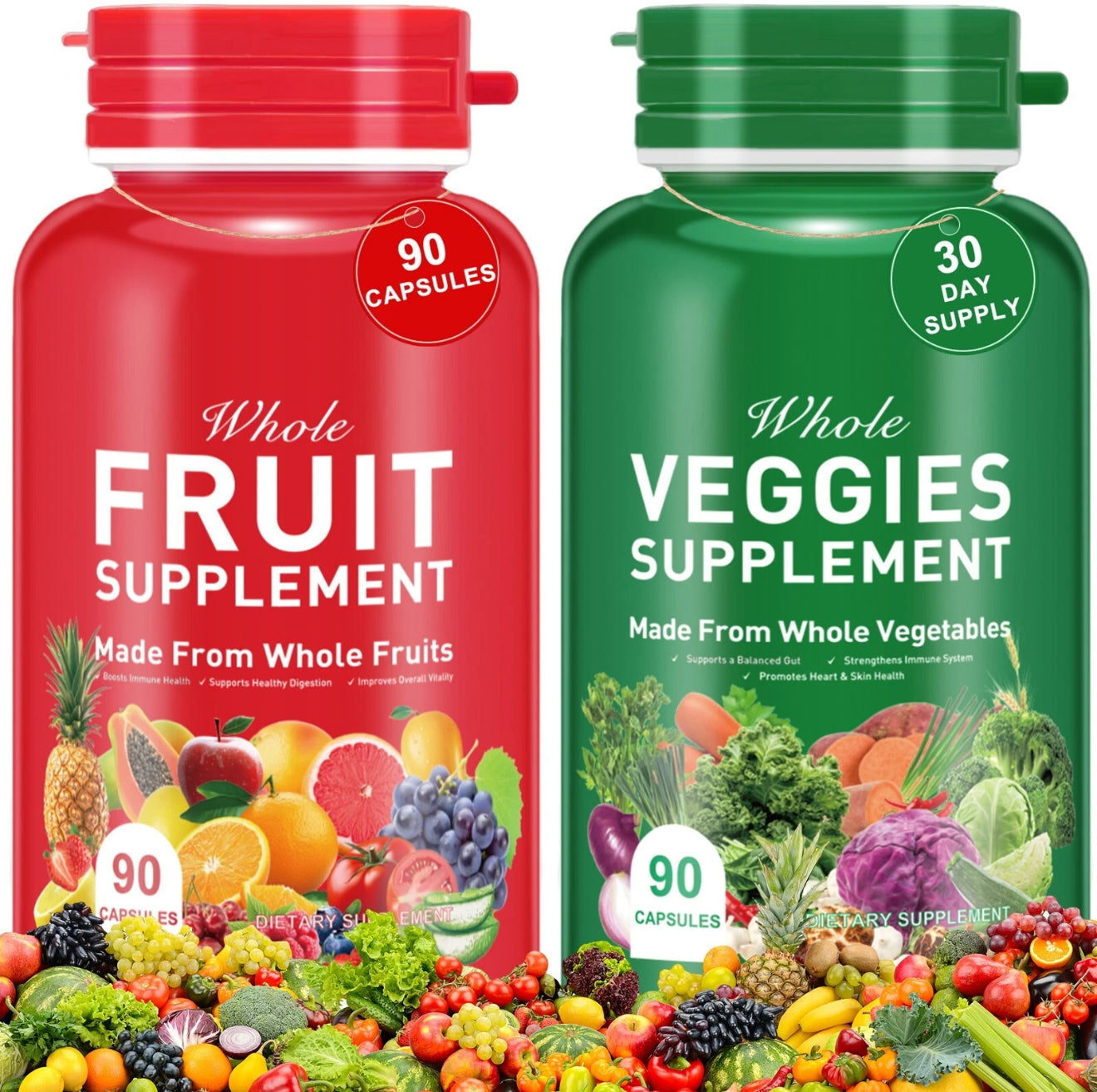 Fruits and Veggies Supplement - 90 Fruit and 90 Vegetable Capsules - 100% Whole Natural Superfood - Filled with Vitamins and Minerals .