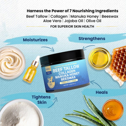 Beef Tallow Collagen Manuka Honey Beeswax, Beef Tallow For Skin, Natural Beef Tallow Moisturizer for Skin.