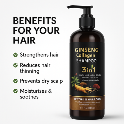 900ML X-large Ginseng Collagen Shampoo 3-in-1 with Ginger extract  | Hair Loss Prevention with Keratin & Silk Protein | Strengthens & Revitalizes Hair Roots for Thicker, Healthier Hair