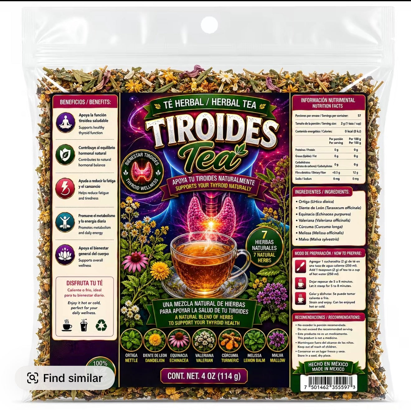 Tiroides Tea - Herbal Tea for Thyroid Health - 4 oz (114 g) - Natural Blend of 7 Herbs - Supports Thyroid Function - Made in Mexico