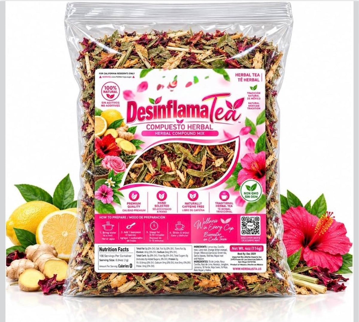 DesinflamaTea 4 oz (114 g) – Compuesto Herbal/Herbal Tea Blend with Hibiscus, Ginger, Green Tea, Nopal & Botanical Herbs – Loose Leaf Té Herbal – Caffeine-Free Blend Made in Mexico