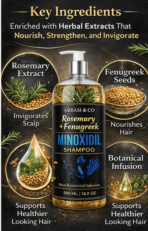 500ML Rosemary + Fenugreek Minoxidil Infused Botanical Hair Growth Shampoo – Biotin, Keratin - With Real Visible Pieces of Rosemary, Fenugreek & Cinnamon Thickening & Strengthening