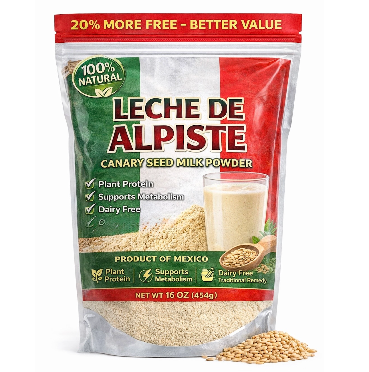 Leche de Alpiste Canary Seed Milk Powder – 16 oz (454g) Dairy Free Plant Protein Drink Mix – Traditional Mexican Alpiste Drink Powder – Vegan, Lactose Free, Smooth Energy & Metabolism Support