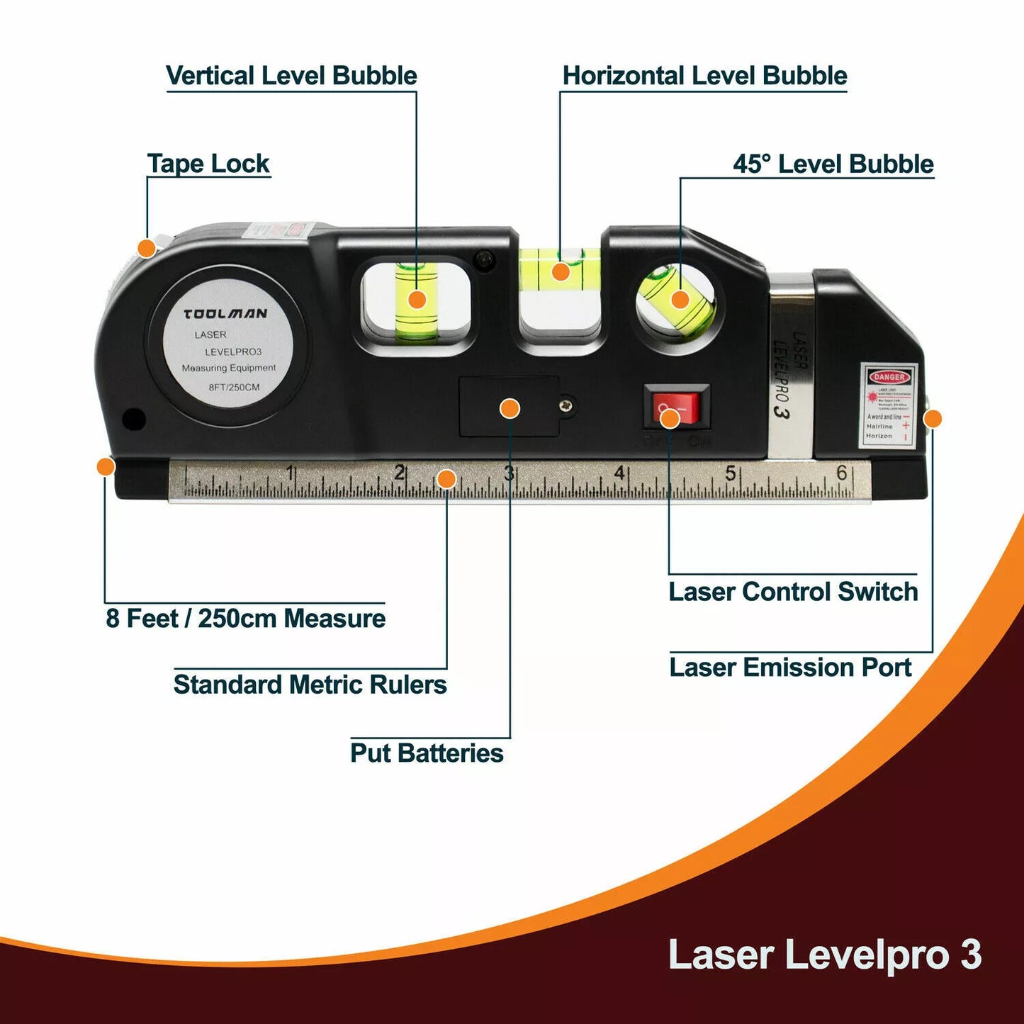 Multipurpose Laser Level Vertical Horizon Measuring Tape Aligner Metric Rulers