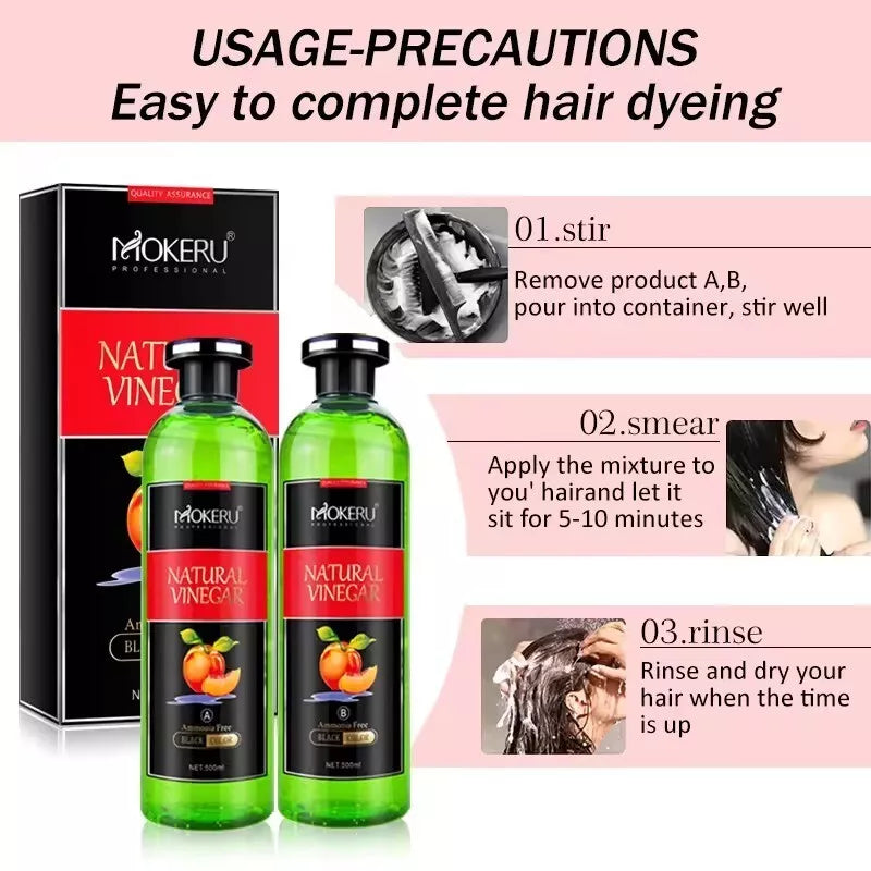 MOKERU Natural VINEGAR BLACK HAIR DYE CREAM 500ml*2/Pac Black Hair Shampoo 100